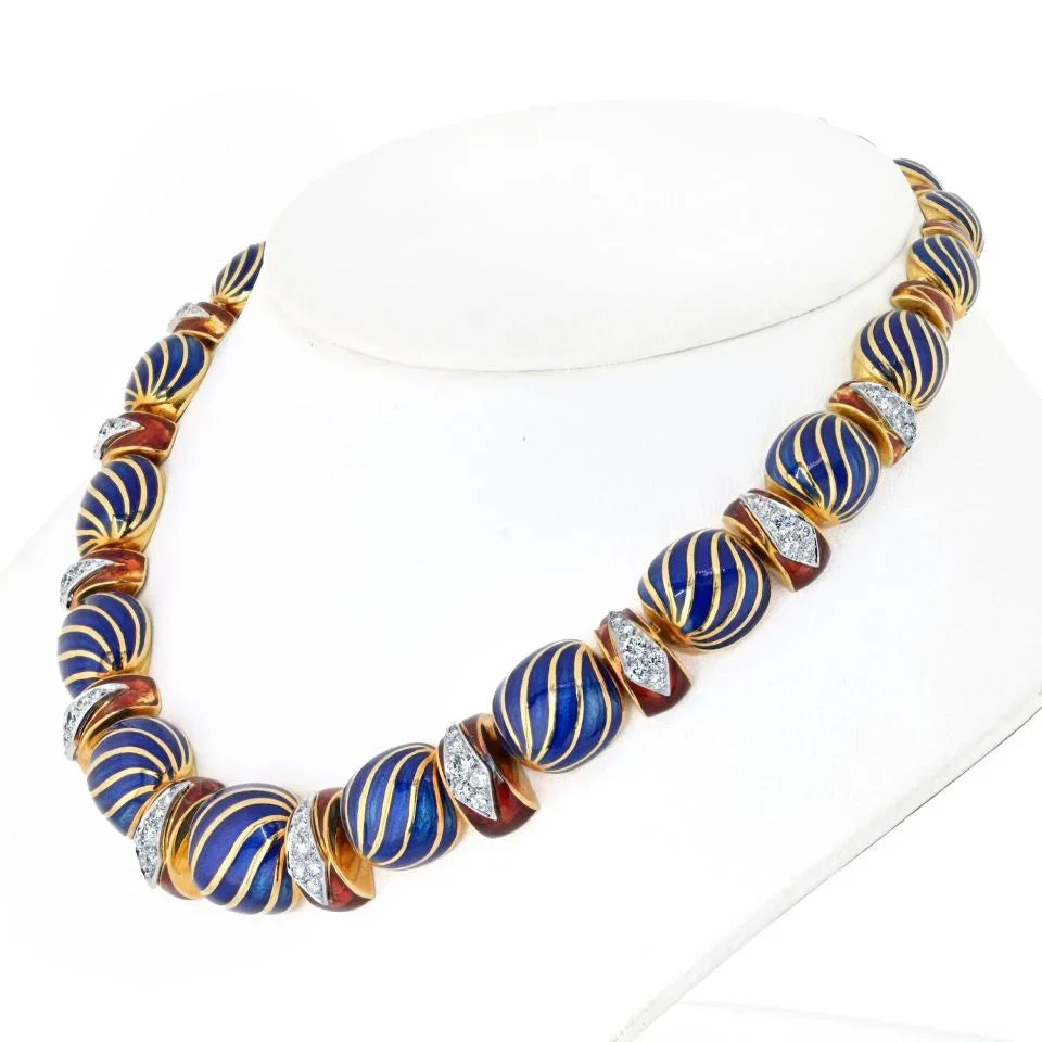 David Webb Platinum & 18K Yellow Gold Blue Enamel Necklace - The Back Vault