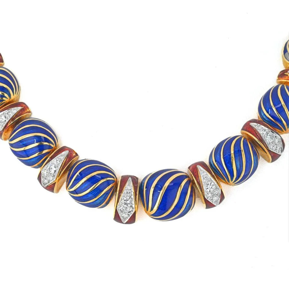 David Webb Platinum & 18K Yellow Gold Blue Enamel Necklace - The Back Vault