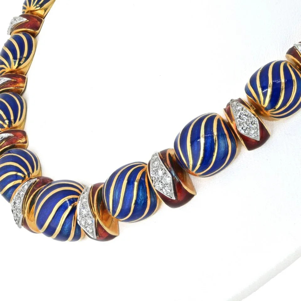 David Webb Platinum & 18K Yellow Gold Blue Enamel Necklace - The Back Vault