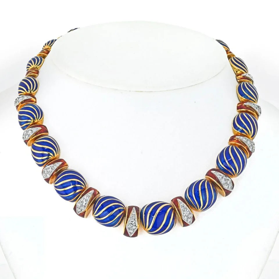 David Webb Platinum & 18K Yellow Gold Blue Enamel Necklace - The Back Vault
