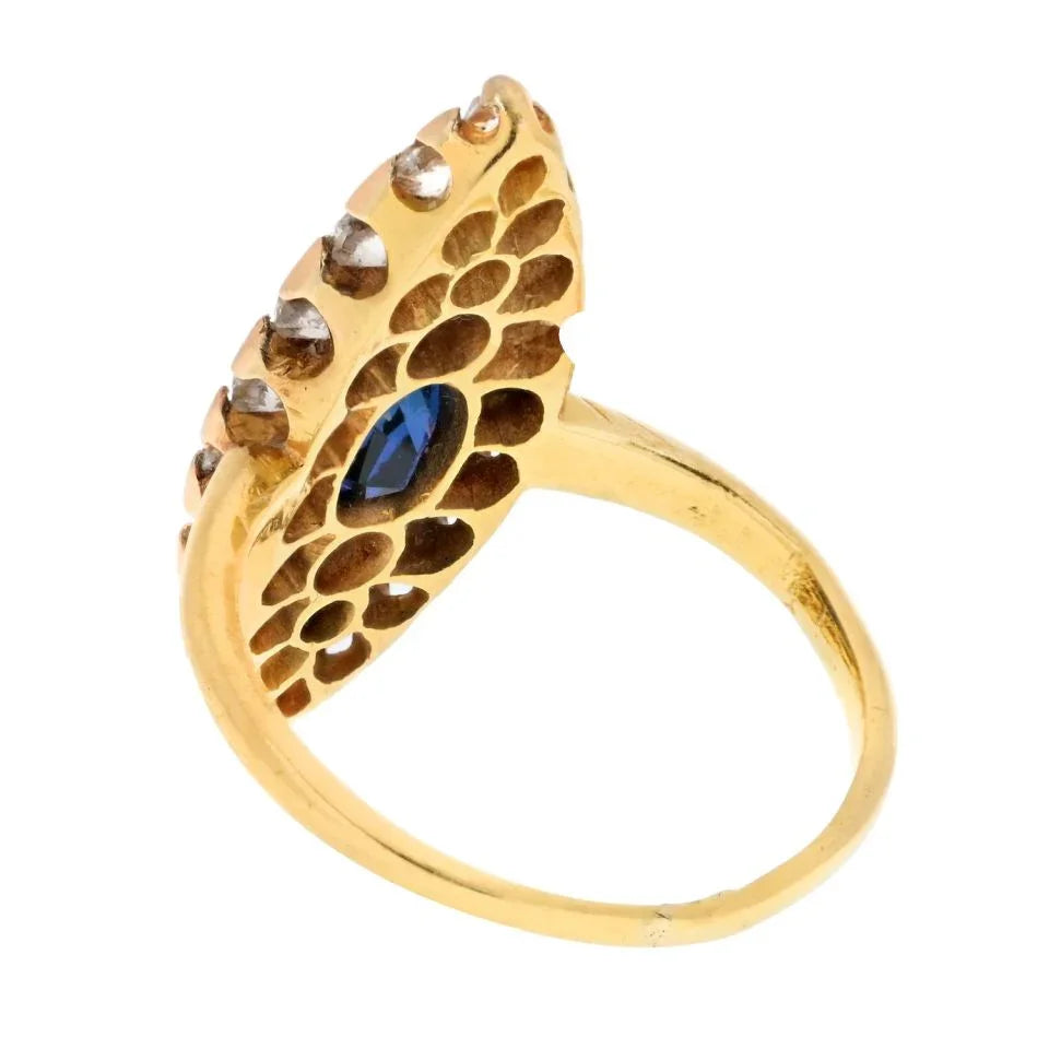 Tiffany & Co. 14K Yellow Gold Burma Sapphire And Old Cut Diamond Navette Ring - The Back Vault