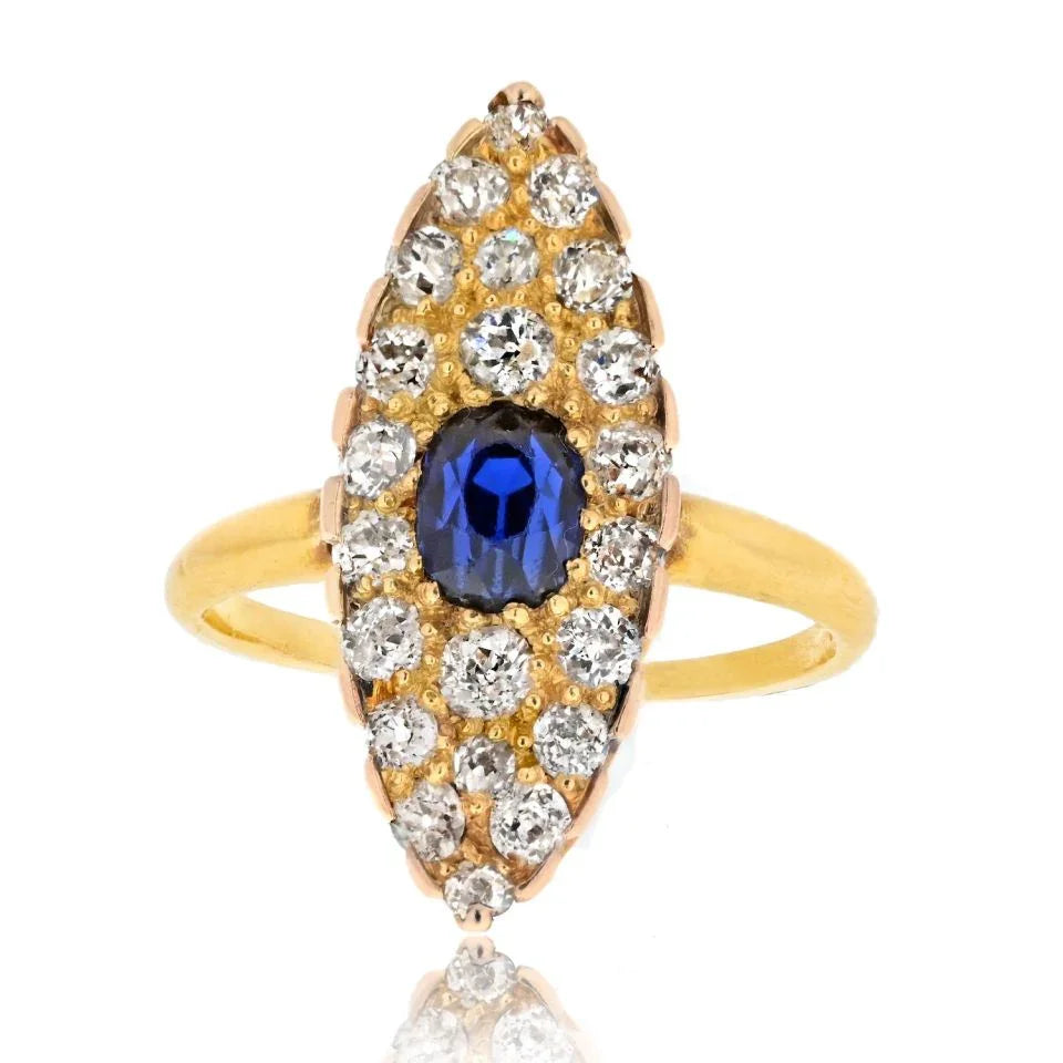 Tiffany & Co. 14K Yellow Gold Burma Sapphire And Old Cut Diamond Navette Ring - The Back Vault
