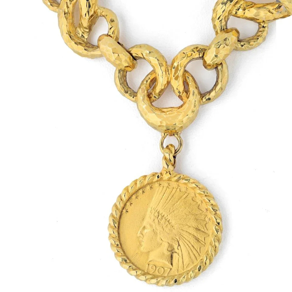 David Webb Platinum & 18K Yellow Gold Hammered Coin Necklace - The Back Vault