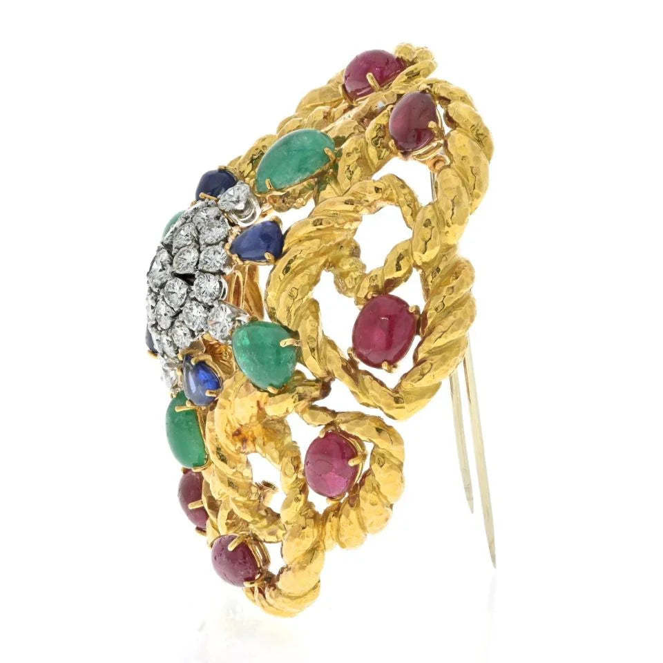 David Webb Platinum & 18K Yellow Gold Multigem Emerald, Ruby And Diamond Brooch - The Back Vault