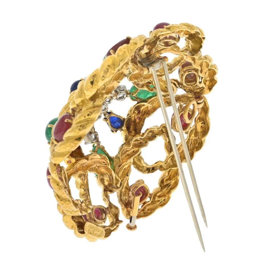 David Webb Platinum & 18K Yellow Gold Multigem Emerald, Ruby And Diamond Brooch - The Back Vault