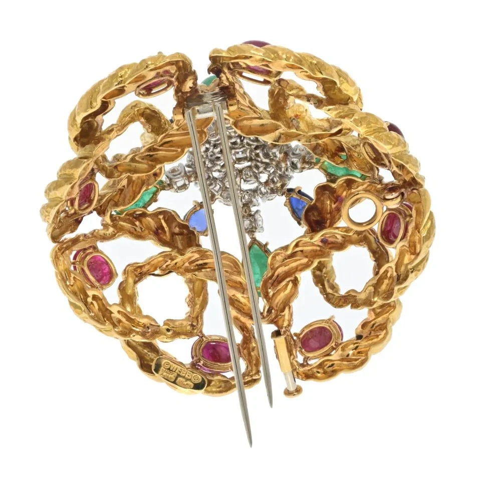 David Webb Platinum & 18K Yellow Gold Multigem Emerald, Ruby And Diamond Brooch - The Back Vault
