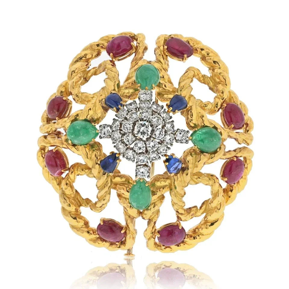 David Webb Platinum & 18K Yellow Gold Multigem Emerald, Ruby And Diamond Brooch - The Back Vault