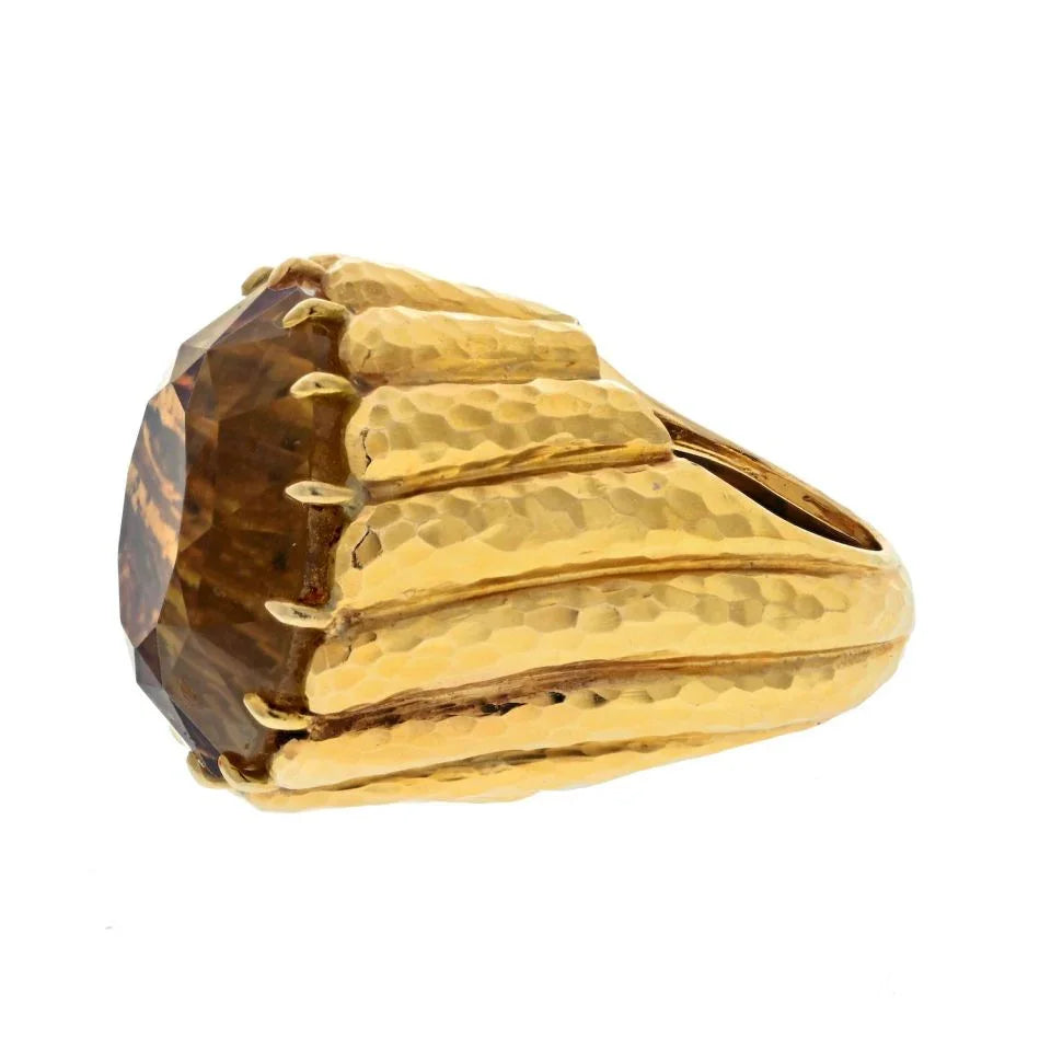 David Webb Platinum & 18K Yellow Gold Citrine Hammered Finish Cocktail Ring - The Back Vault