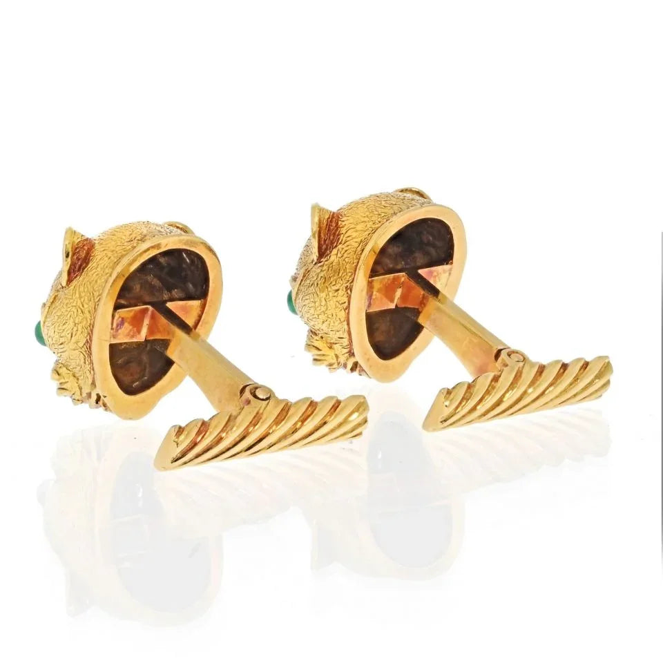 David Webb Platinum & 18K Yellow Gold Leopard Cabochon Emerald Eyes Cuff Links - The Back Vault