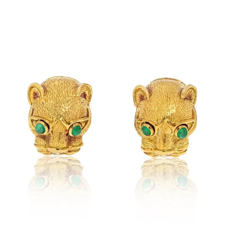 David Webb Platinum & 18K Yellow Gold Leopard Cabochon Emerald Eyes Cuff Links - The Back Vault