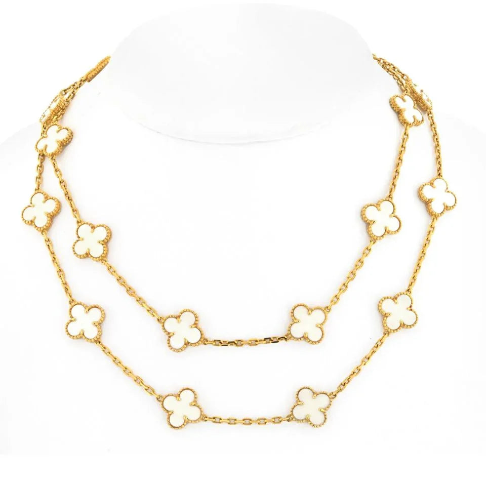 Van Cleef & Arpels Alhambra 18K Yellow Gold 20 Motif Circa 1985 White Coral Necklace - The Back Vault