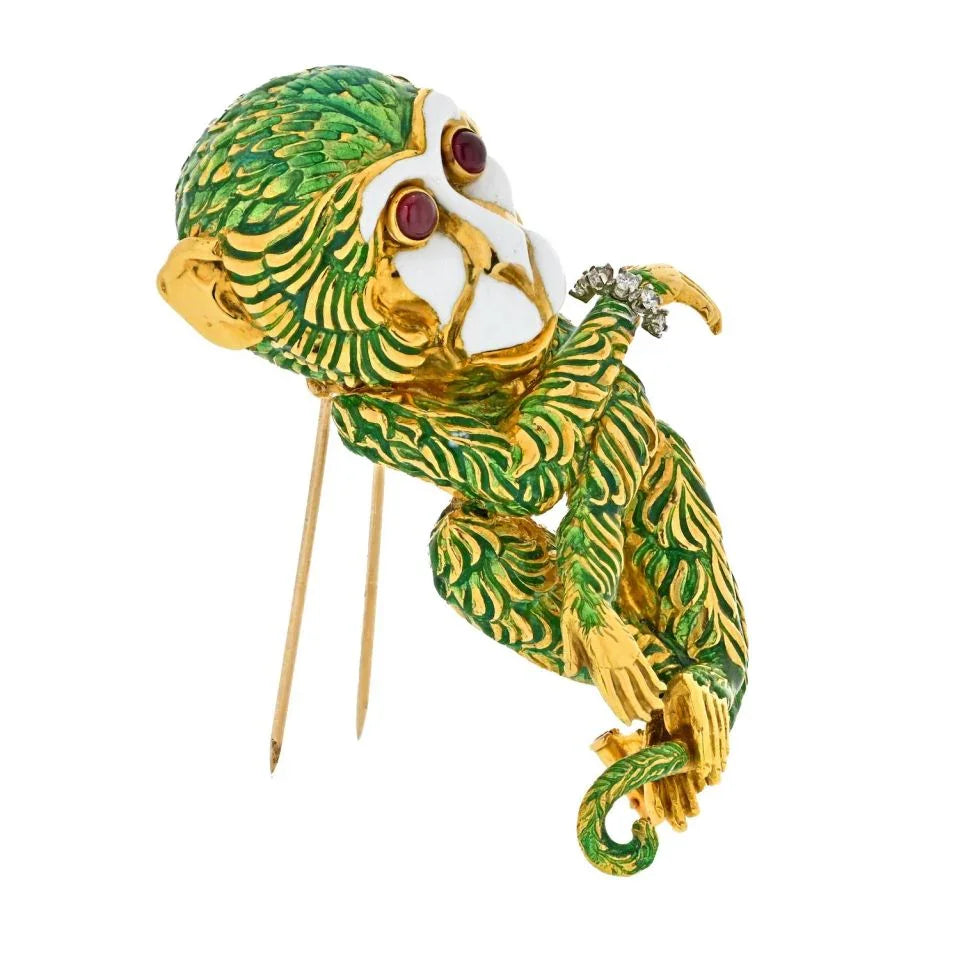 David Webb Platinum & 18K Yellow Gold Gypsy Monkey Green Enamel Brooch - The Back Vault