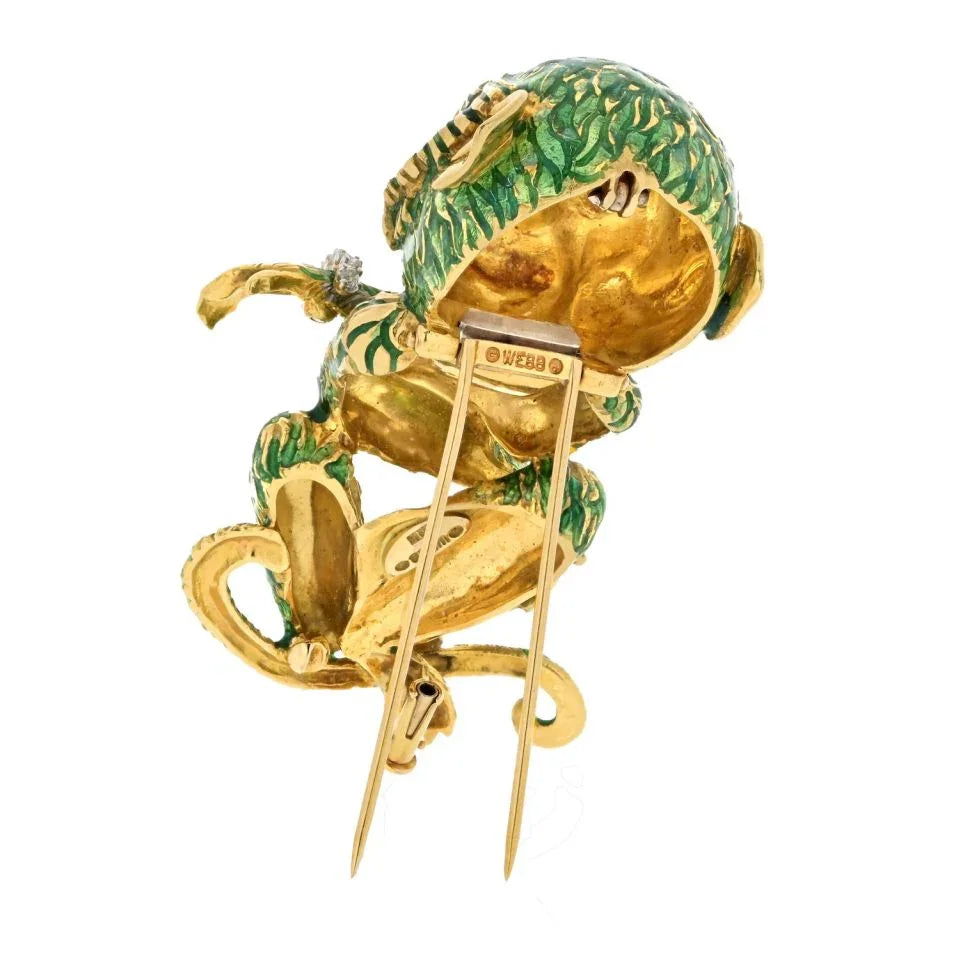 David Webb Platinum & 18K Yellow Gold Gypsy Monkey Green Enamel Brooch - The Back Vault