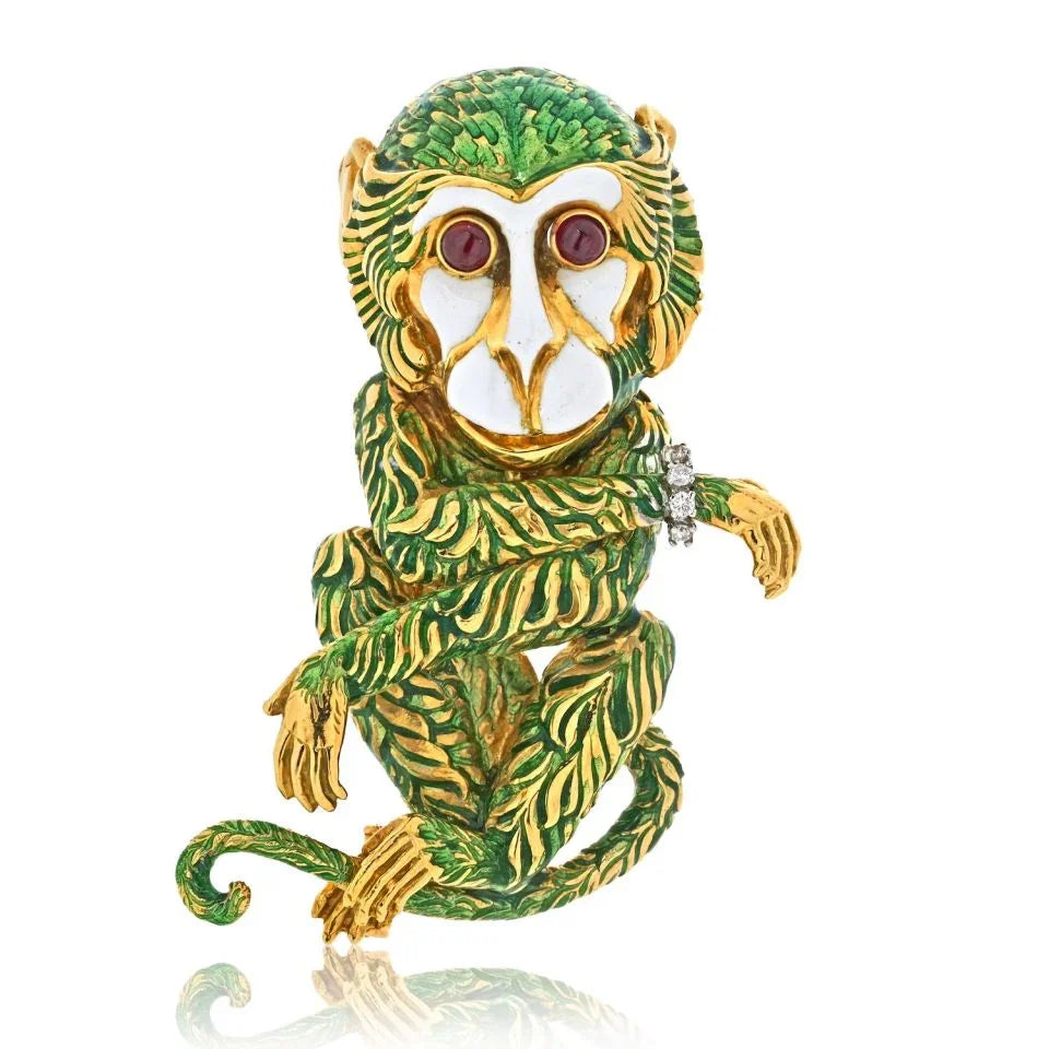 David Webb Platinum & 18K Yellow Gold Gypsy Monkey Green Enamel Brooch - The Back Vault