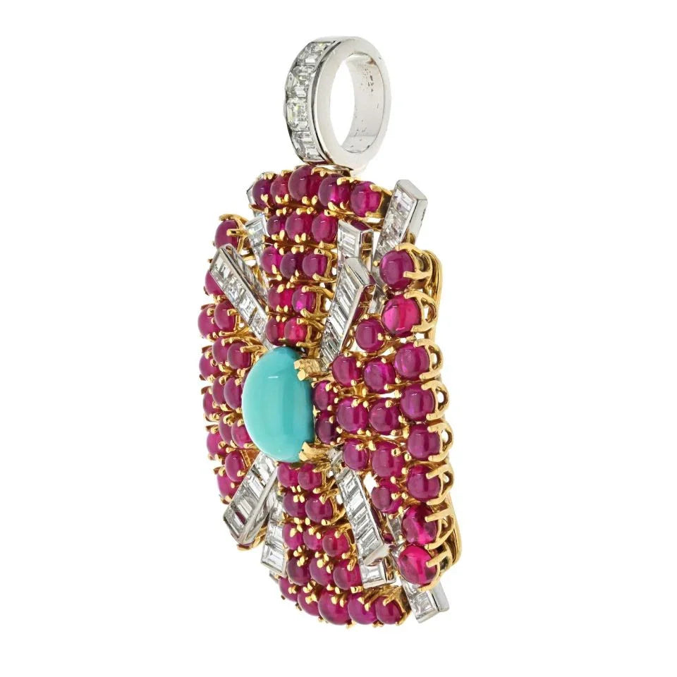 David Webb Platinum & 18K Yellow Gold Turquoise, Diamond And Ruby Pendant - The Back Vault
