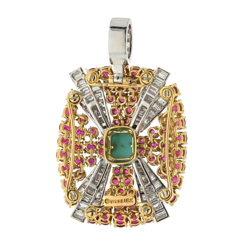David Webb Platinum & 18K Yellow Gold Turquoise, Diamond And Ruby Pendant - The Back Vault
