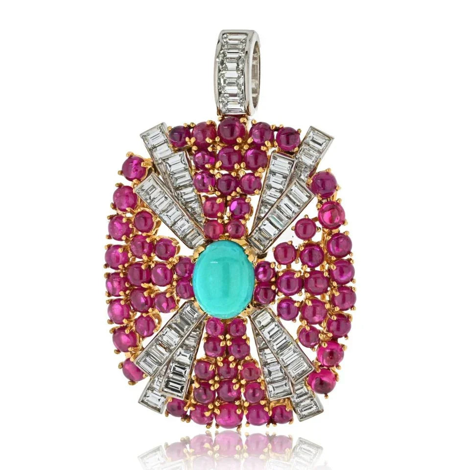 David Webb Platinum & 18K Yellow Gold Turquoise, Diamond And Ruby Pendant - The Back Vault
