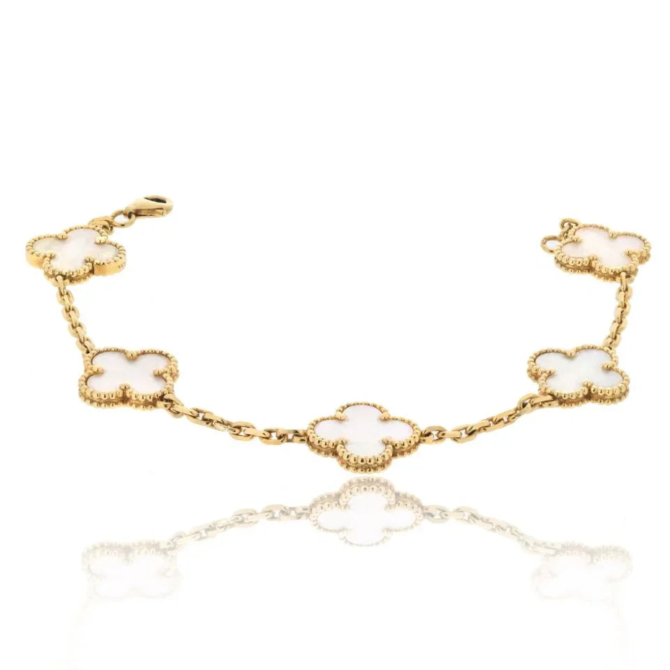 Van Cleef & Arpels Alhambra 18K Yellow Gold 5 Motif Mother Of Pearl Alhambra Bracelet - The Back Vault