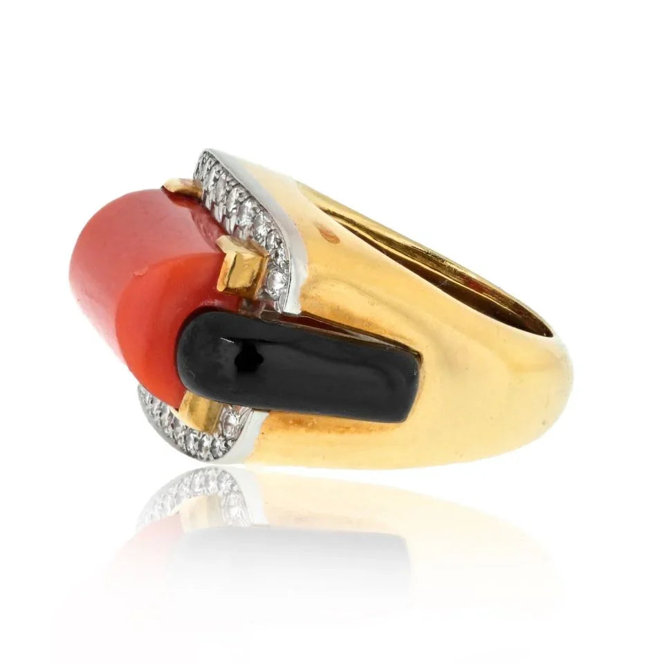 David Webb Platinum & 18K Yellow Gold Coral, Onyx And Diamond Ring - The Back Vault