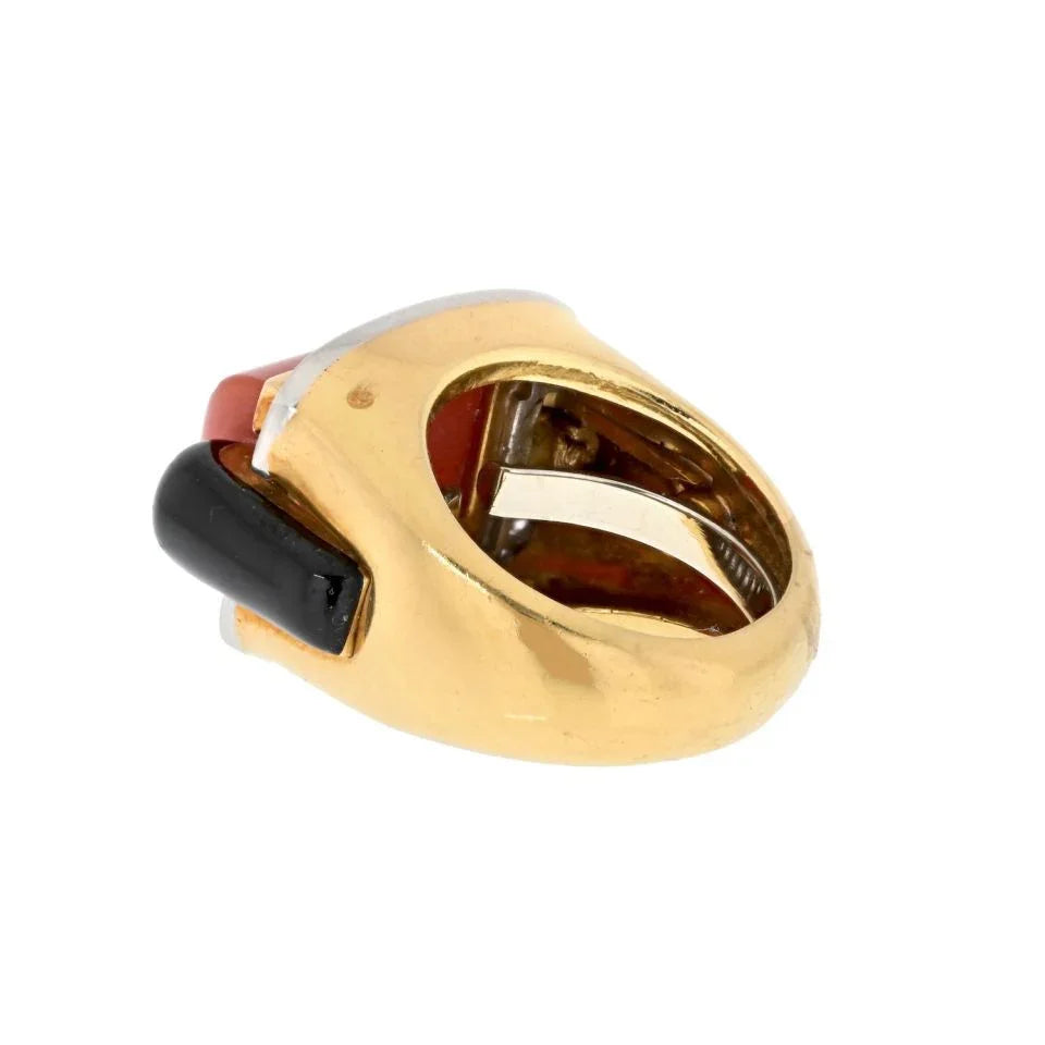 David Webb Platinum & 18K Yellow Gold Coral, Onyx And Diamond Ring - The Back Vault