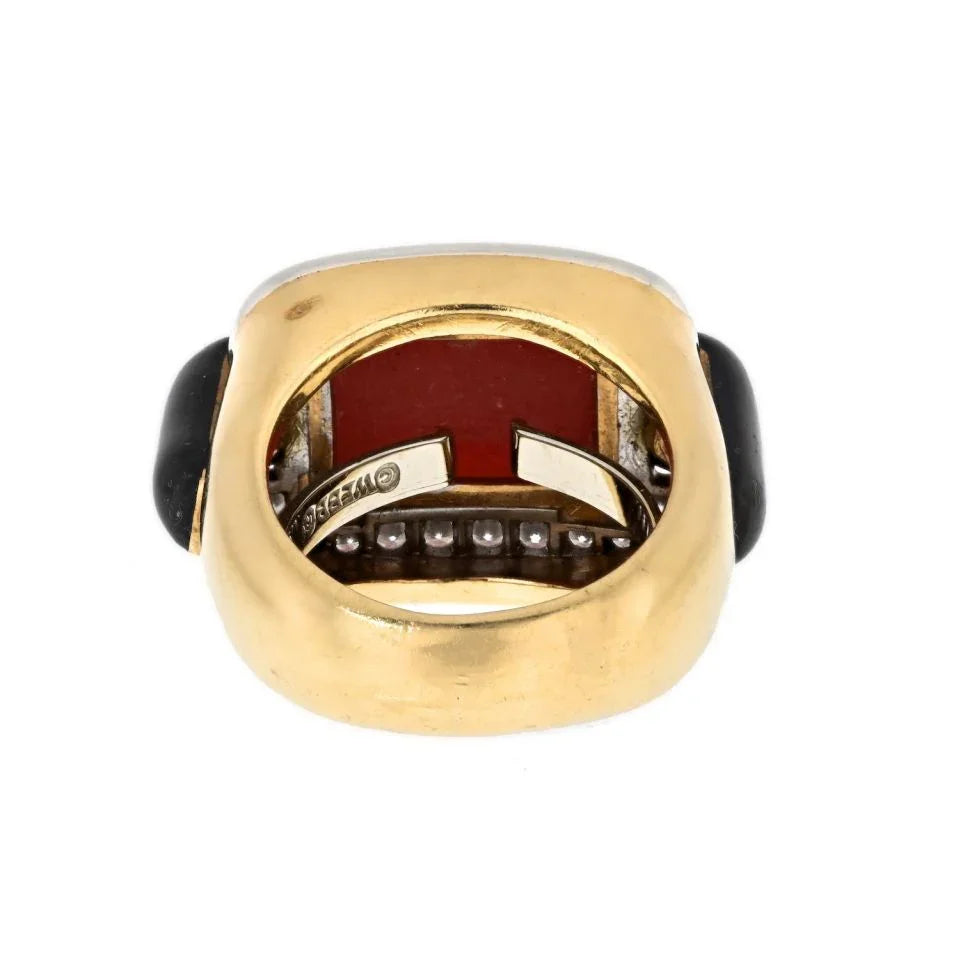 David Webb Platinum & 18K Yellow Gold Coral, Onyx And Diamond Ring - The Back Vault