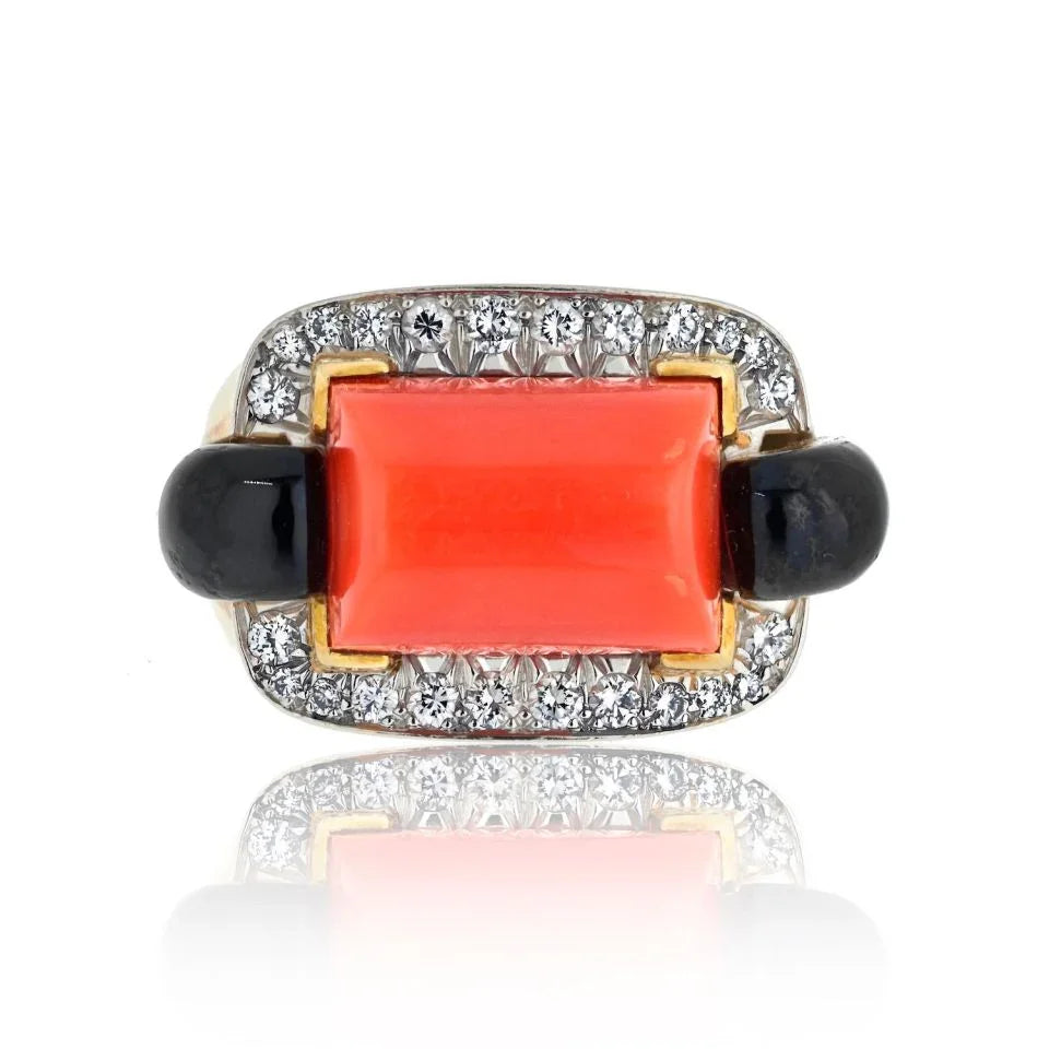David Webb Platinum & 18K Yellow Gold Coral, Onyx And Diamond Ring - The Back Vault