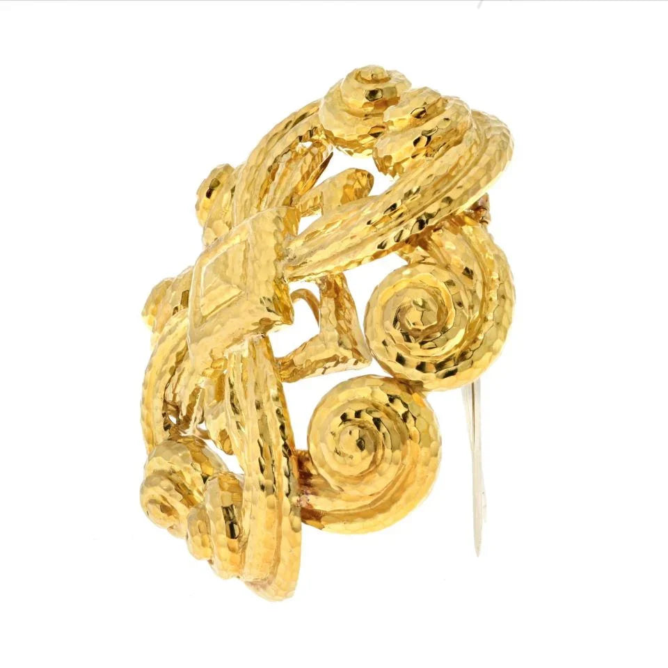 David Webb Platinum & 18K Yellow Gold Scrolled Hammered Brooch - The Back Vault