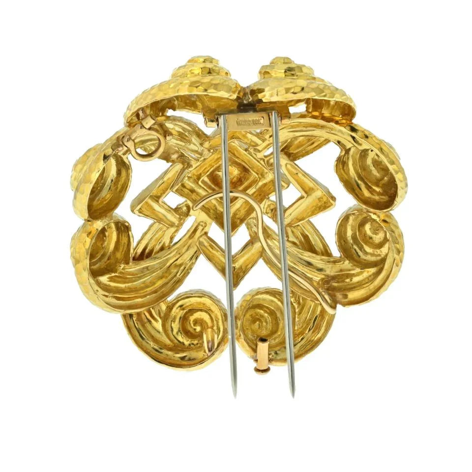 David Webb Platinum & 18K Yellow Gold Scrolled Hammered Brooch - The Back Vault