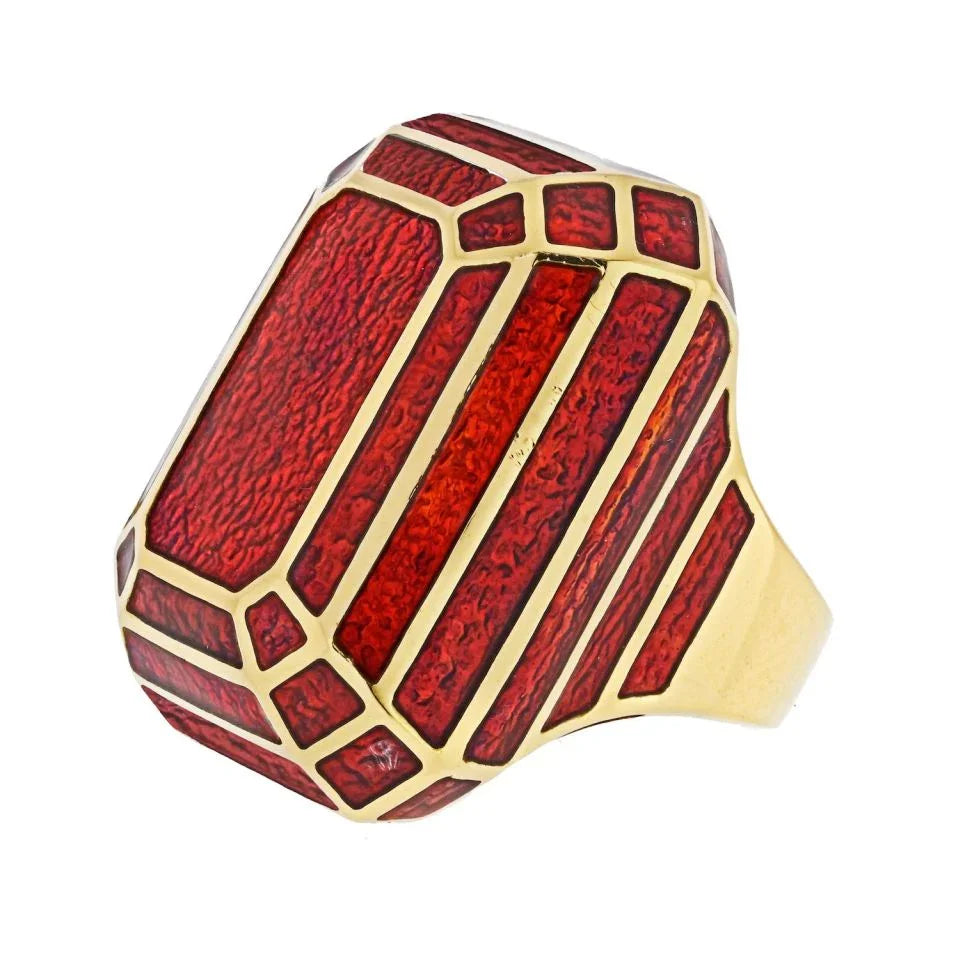 David Webb Platinum & 18K Yellow Gold Red Enamel Ring - The Back Vault