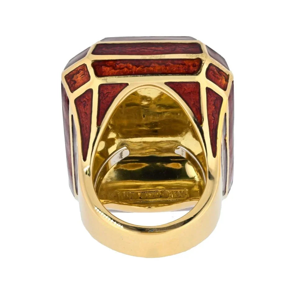 David Webb Platinum & 18K Yellow Gold Red Enamel Ring - The Back Vault