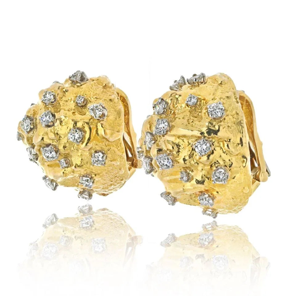 David Webb Platinum & 18K Yellow Gold 3.00cttw Round Cut Diamond Hammered Dome Earrings - The Back Vault