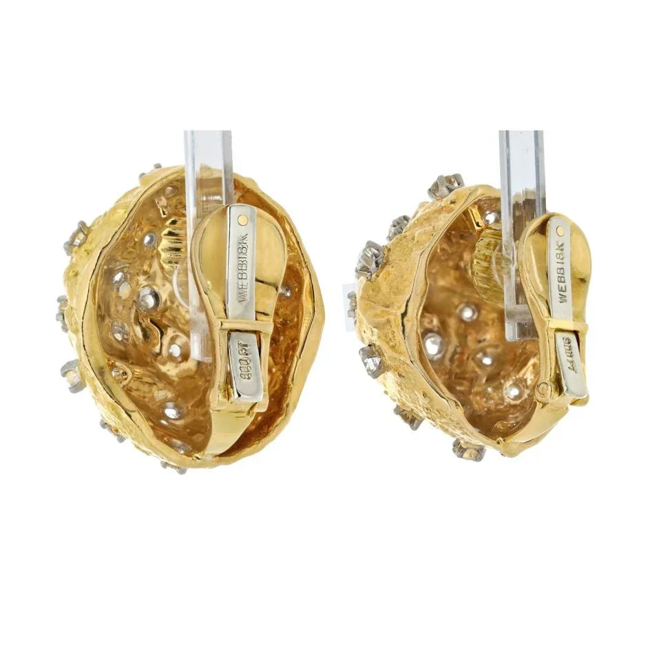 David Webb Platinum & 18K Yellow Gold 3.00cttw Round Cut Diamond Hammered Dome Earrings - The Back Vault