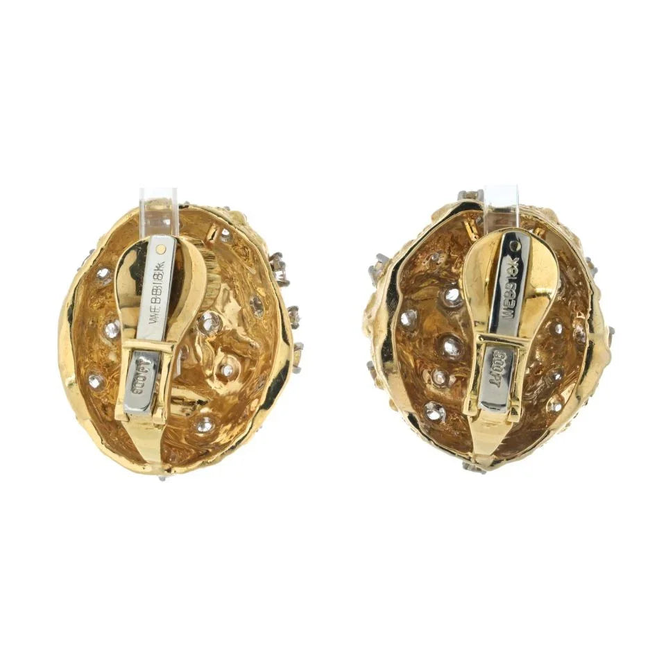 David Webb Platinum & 18K Yellow Gold 3.00cttw Round Cut Diamond Hammered Dome Earrings - The Back Vault