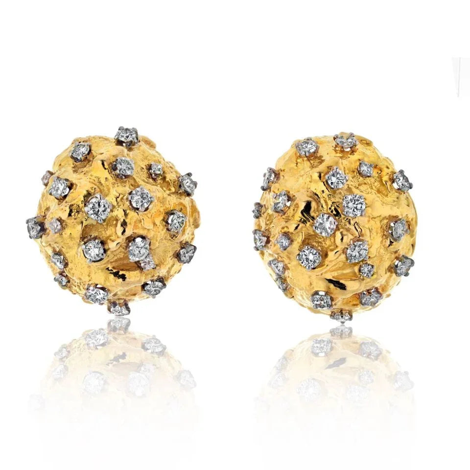 David Webb Platinum & 18K Yellow Gold 3.00cttw Round Cut Diamond Hammered Dome Earrings - The Back Vault