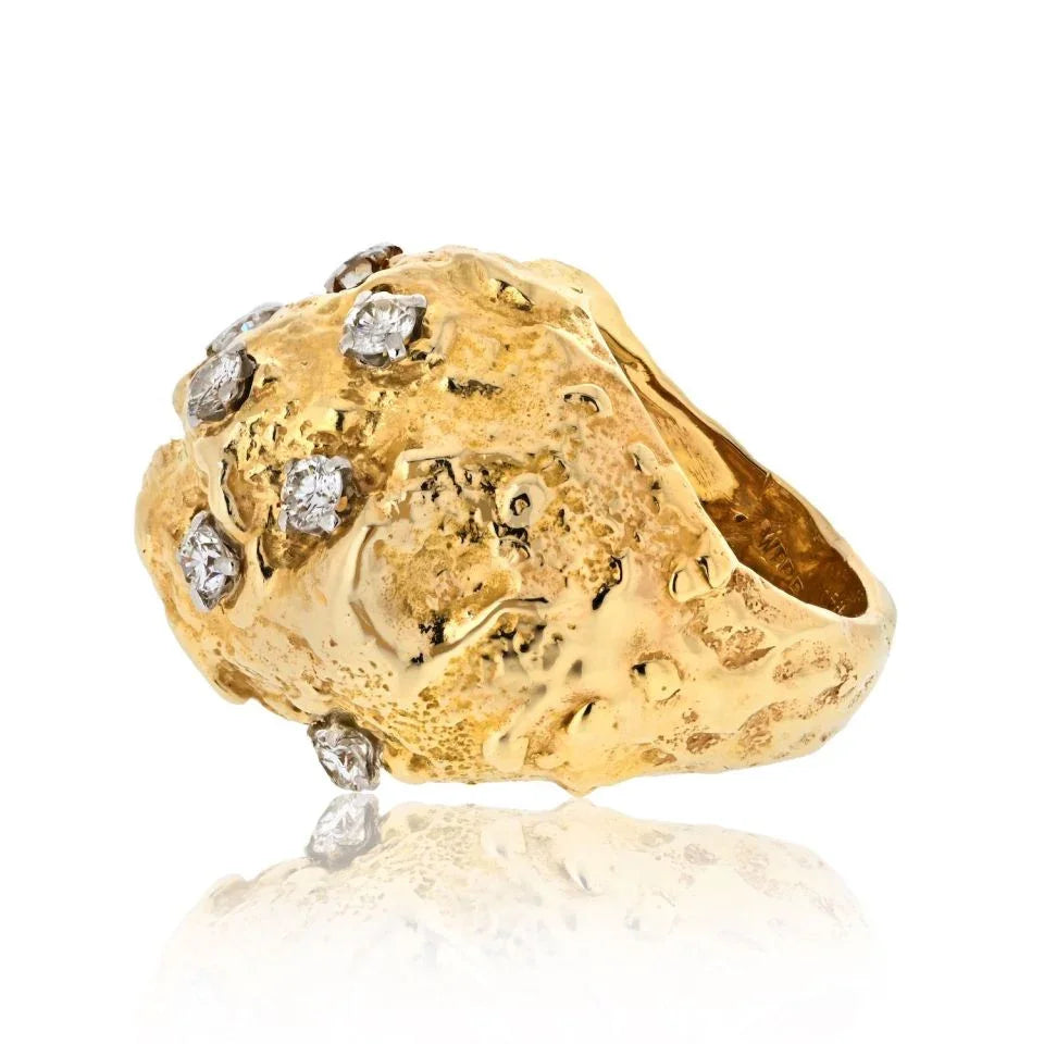 David Webb Platinum & 18K Yellow Gold Hammered Diamond Dome Ring - The Back Vault