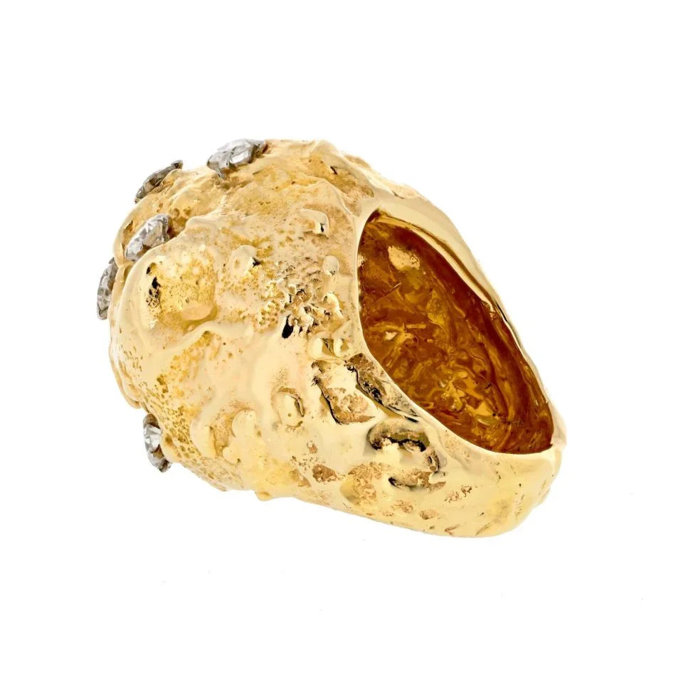 David Webb Platinum & 18K Yellow Gold Hammered Diamond Dome Ring - The Back Vault