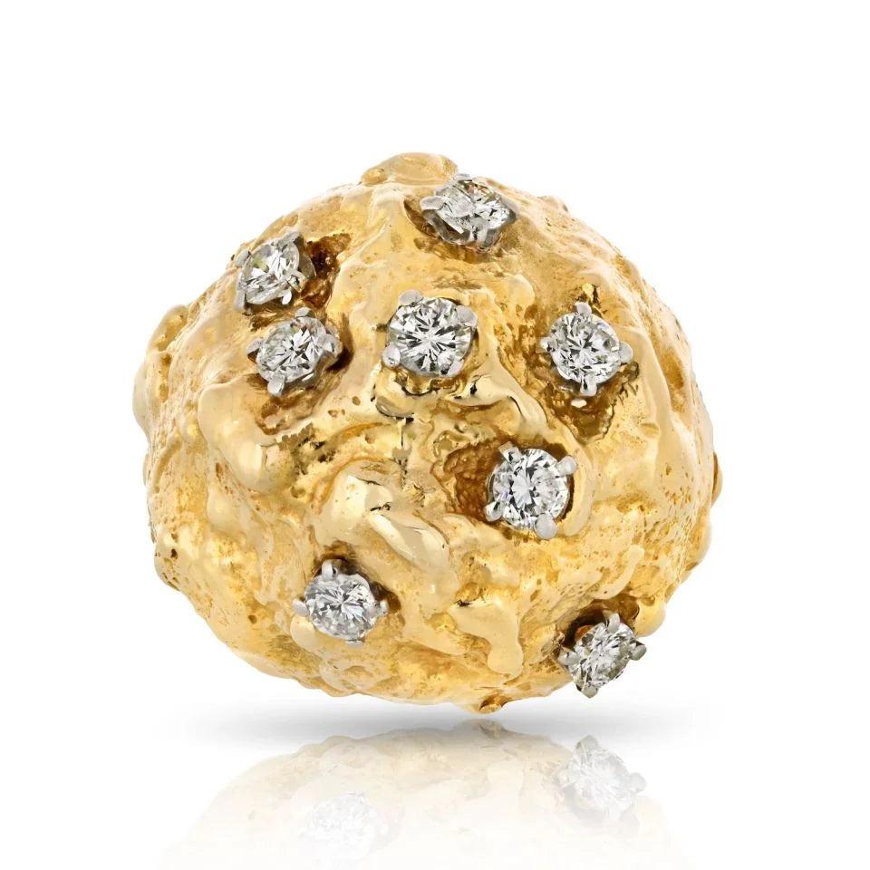 David Webb Platinum & 18K Yellow Gold Hammered Diamond Dome Ring - The Back Vault