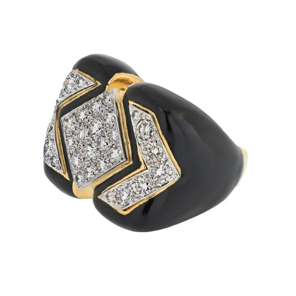 David Webb Platinum & 18K Yellow Gold Black Enamel And Diamond Cocktail Ring - The Back Vault