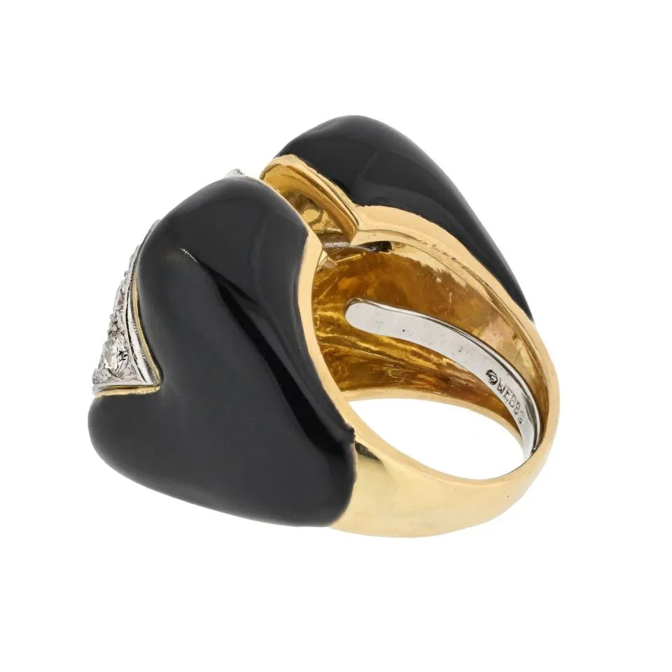 David Webb Platinum & 18K Yellow Gold Black Enamel And Diamond Cocktail Ring - The Back Vault