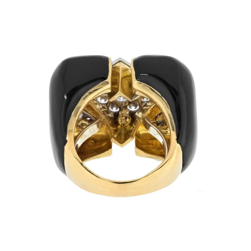 David Webb Platinum & 18K Yellow Gold Black Enamel And Diamond Cocktail Ring - The Back Vault