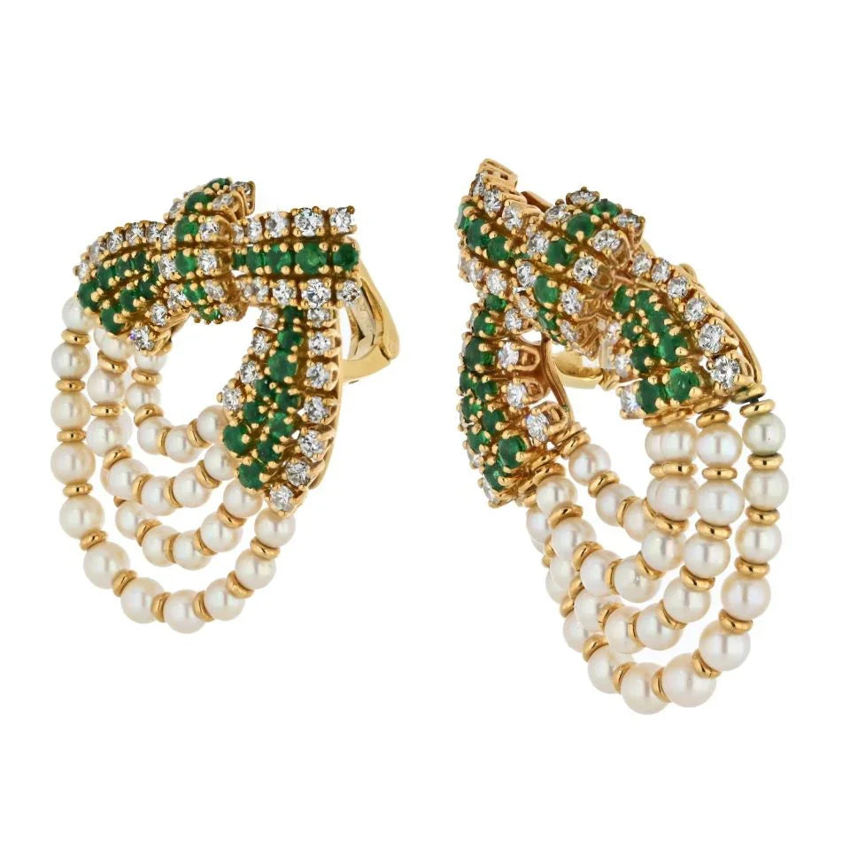 Chaumet Platinum & 18K Yellow Gold Diamond, Pearl And Green Emerald Clip Earrings - The Back Vault