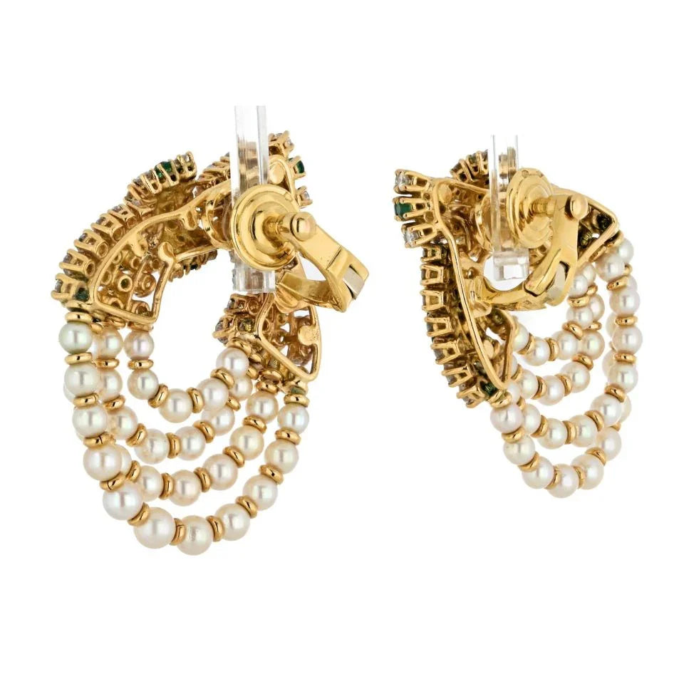 Chaumet Platinum & 18K Yellow Gold Diamond, Pearl And Green Emerald Clip Earrings - The Back Vault
