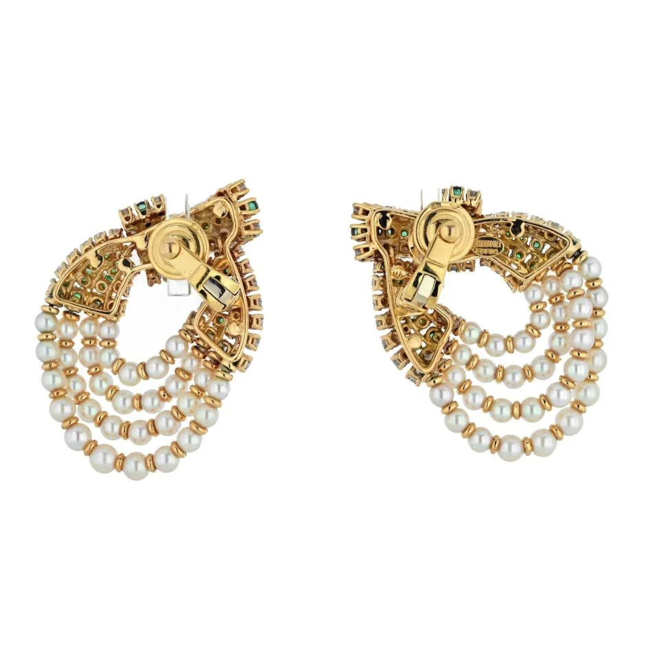 Chaumet Platinum & 18K Yellow Gold Diamond, Pearl And Green Emerald Clip Earrings - The Back Vault