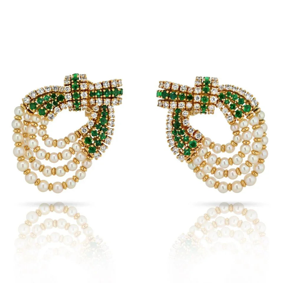 Chaumet Platinum & 18K Yellow Gold Diamond, Pearl And Green Emerald Clip Earrings - The Back Vault