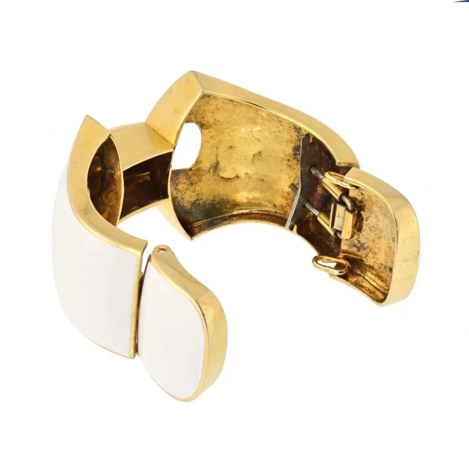 David Webb Platinum & 18K Yellow Gold Lilian Cream Enamel Bracelet - The Back Vault