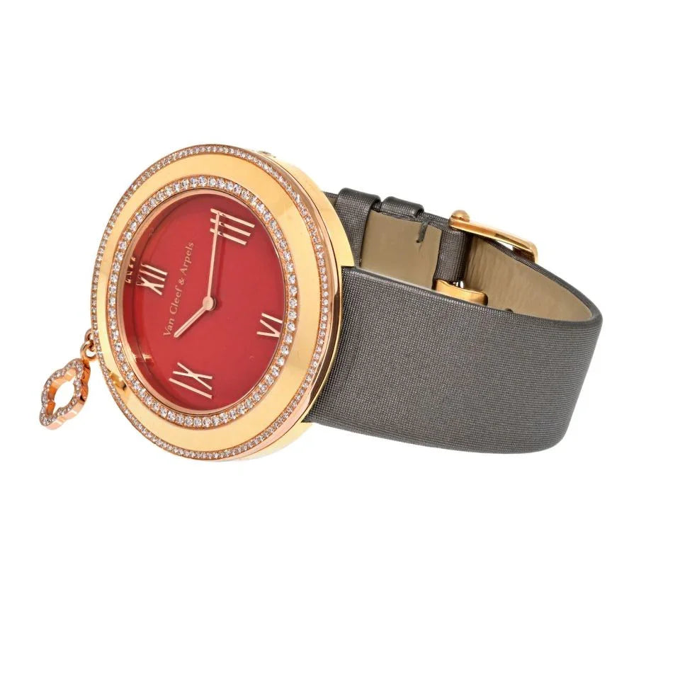 Van Cleef & Arpels 18K Rose Gold Charms Carnelian Dial 38mm Double Row Diamond Bezel Women Watch - The Back Vault