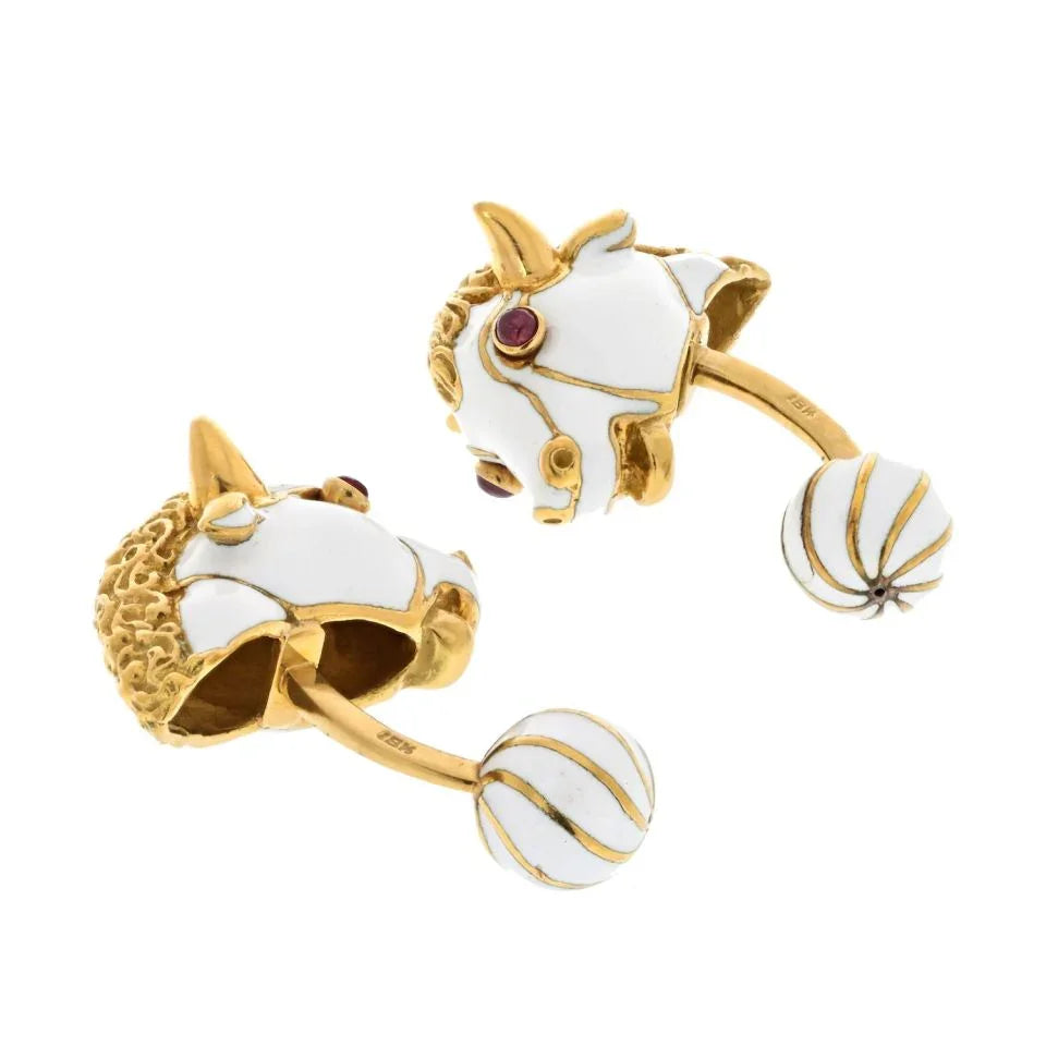 David Webb Platinum & 18K Yellow Gold White Enamel Bull With Ruby Eyes Cuff Links - The Back Vault