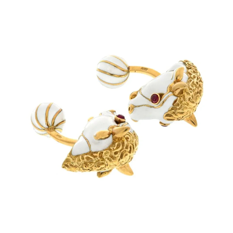 David Webb Platinum & 18K Yellow Gold White Enamel Bull With Ruby Eyes Cuff Links - The Back Vault