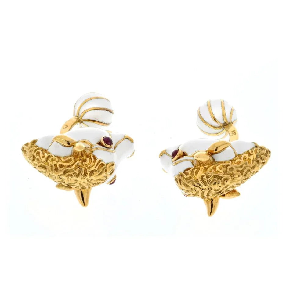 David Webb Platinum & 18K Yellow Gold White Enamel Bull With Ruby Eyes Cuff Links - The Back Vault