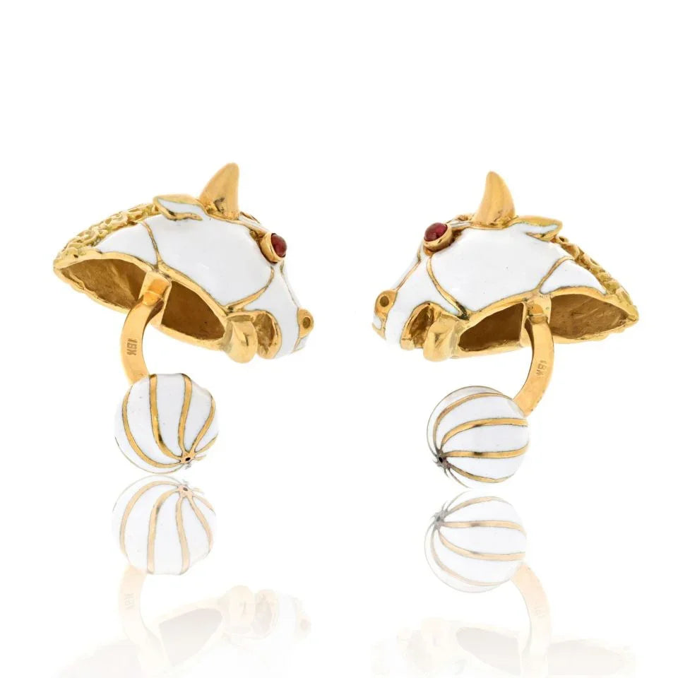 David Webb Platinum & 18K Yellow Gold White Enamel Bull With Ruby Eyes Cuff Links - The Back Vault
